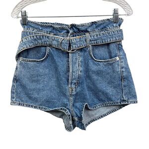 DIVIDED by H&M Womens Denim Jean Shorts Ruffled Belted Waist Button Fly Blue 4*